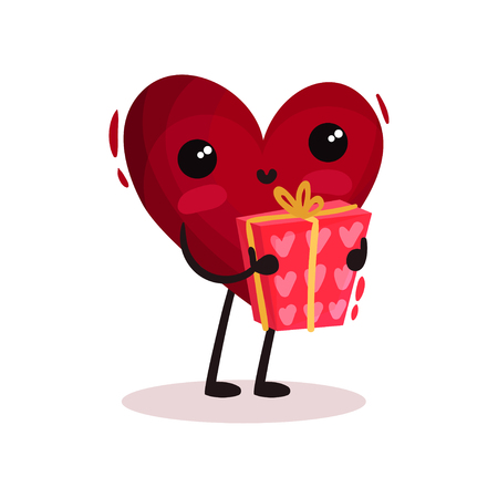 Cute humanized red heart holding holiday present. Gift box. Funny cartoon character with shiny eyes. Love theme. Graphic design for Valentines day postcard. Isolated vector illustration in flat styleのイラスト素材
