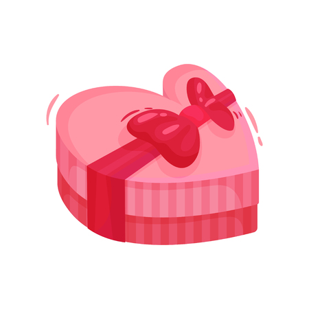 Cartoon icon of small pink gift box in shape of heart with bow. Holiday present. Love theme. Graphic element for Valentines day postcard. Colorful flat vector design isolated on white background.のイラスト素材