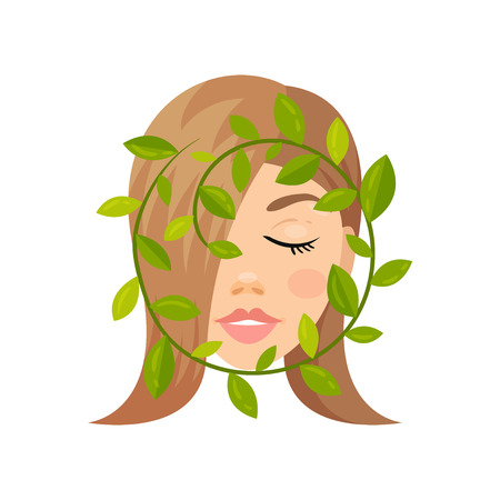 Face of beautiful woman and green leaves. Natural cosmetic. Health and beauty theme. Graphic element for promo poster or banner. Colorful vector illustration in flat style isolated on white backgroundのイラスト素材