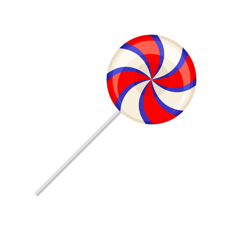 Sweet lollipop, round colorful spiral sugar candy on plastic stick vector Illustration isolated on a white background.のイラスト素材