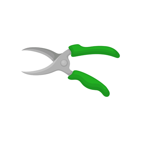 Icon of pruning shears. Garden instrument. Cutting tool with sharp metal blades and bright green rubber handles. Cartoon vector design. Colorful illustration in flat style isolated on white backgroundのイラスト素材