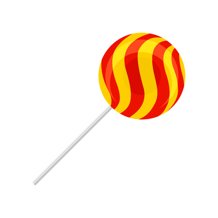 Sweet lollipop, round red and yellow sugar candy on plastic stick vector Illustration isolated on a white background.のイラスト素材
