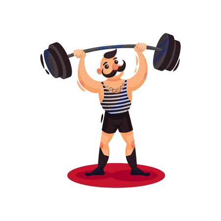 Circus strong man holding heavy barbell over his head. Guy with black mustaches. Funny cartoon character showing performance. Colorful vector illustration in flat style isolated on white background.のイラスト素材
