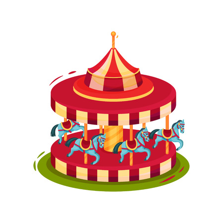 Bright red merry-go-round with blue horses. Children carousel. Circus and amusement park theme. Graphic element for advertising poster. Colorful flat vector illustration isolated on white background.のイラスト素材
