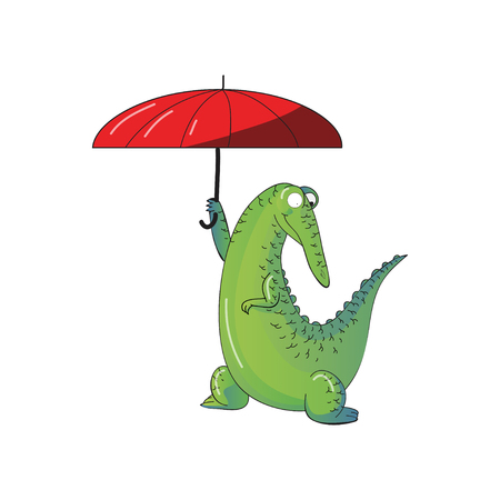 Funny humanized crocodile holding bright red umbrella. Cartoon character of green alligator. Wild animal. Graphic element for children book. Colorful vector illustration isolated on white background.のイラスト素材