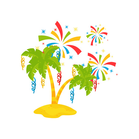 Green palm trees on the sand and colorful festive salute. Brazilian carnival theme. Flat vector designのイラスト素材