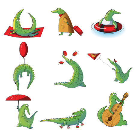 Set of humanized crocodiles in different situations. Wild alligator. Funny humanized animal. Zoo theme. Cartoon character. Graphic element for children book or postcard. Isolated vector illustrations.のイラスト素材