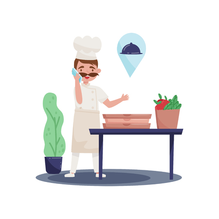 Cheerful chef cook talking phone, order ready to delivering. Paper bag full of fresh groceries and pizza boxes on table. Restaurant delivery concept. Flat vector design isolated on white background.のイラスト素材