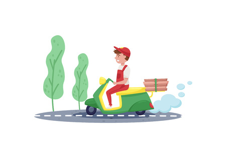 Courier riding on scooter with pizza boxes behind. Young smiling boy in working uniform. Fast food delivery service. Colorful flat illustration isolated on white background. Cartoon vector design.のイラスト素材