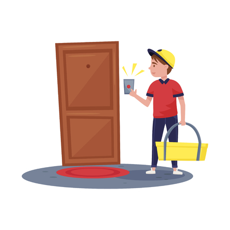 Delivery boy ringing at apartment doorbell. Guy holding bag with customer order. Fast food delivery service to home. Cartoon vector design. Colorful flat illustration isolated on white background.のイラスト素材