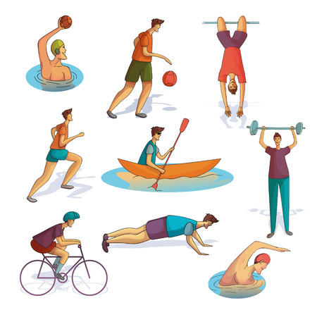 Set of men involved in various sports. Active workout. Athletic guys. Healthy lifestyle. Trendy people in sportswear. Colorful vector illustrations in cartoon style isolated on white background.のイラスト素材