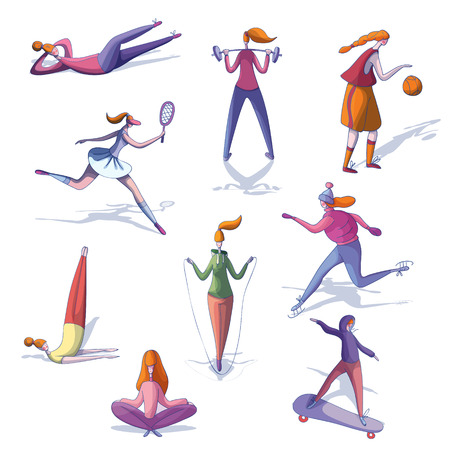 Set of trendy women involved in various sports. Active and healthy lifestyle. Physical activity. Young stylish girls. Sports theme. Vector illustrations in cartoon style isolated on white background.のイラスト素材