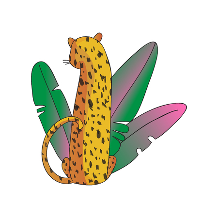Back view of leopard and big tropical leaves with gradients. Large wild cat with black spots. Wildlife theme. Line art with colorful fill. Hand drawn vector illustration isolated on white background.のイラスト素材