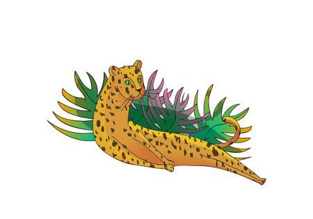 Cute leopard lying near tropical leaves. Large wild cat with spotted body and green eyes. Wildlife theme. Line art with colorful fill. Hand drawn vector illustration isolated on white background.のイラスト素材