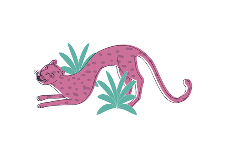 Cute pink leopard with happy face and arched back near tropical leaves. Wildlife theme. Children drawing. Line art with colorful fill. Hand drawn vector illustration isolated on white background.のイラスト素材