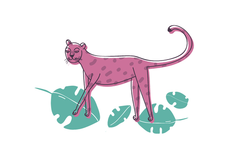 Abstract pink leopard standing on green tropical leaves. Large wild cat with spotted body. Wildlife and fauna theme. Children drawing. Hand drawn vector illustration isolated on white background.のイラスト素材