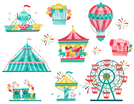 Set of amusement park equipment. Carnival carousels, ticket booth and ice-cream stall. Entertainment theme. Cartoon vector design. Colorful illustrations in flat style isolated on white backgroundのイラスト素材