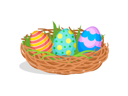 Three painted Easter eggs in brown nest with green grass. Cute holiday composition. Design for greeting card or promo poster. Colorful vector illustration in flat style isolated on white background.のイラスト素材