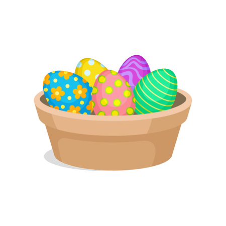 Easter eggs with ornaments in brown ceramic pot. Cute holiday composition. Graphic element for festive postcard or promo banner. Cartoon vector design. Flat illustration isolated on white backgroundのイラスト素材