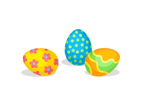 Cute eggs with different ornaments. Traditional treats for Easter. Spring holiday. Design for advertising poster or postcard. Colorful vector illustration in flat style isolated on white background.のイラスト素材