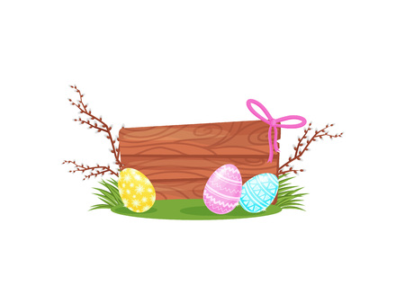 Cute Easter composition with wooden board, painted eggs on green grass and small pussy-willow branches. Spring holiday. Graphic element for festive postcard. Isolated vector illustration in flat styleのイラスト素材