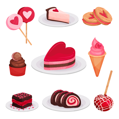 Collection of tasty desserts for Valentine s day. Lollipops, slice of cheese cake, ice-cream, sandwich cookies. Delicious holiday food. Colorful flat vector illustrations isolated on white background.のイラスト素材