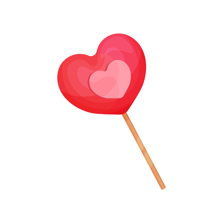 Pink lollipop in shape of heart. Candy on wooden stick. Sweet food. Tasty holiday dessert. Valentine s day theme. Cartoon vector icon. Colorful illustration in flat style isolated on white background.のイラスト素材