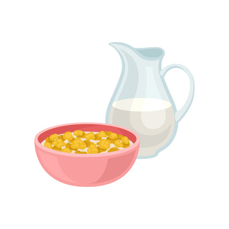 Delicious corn flakes in pink bowl and fresh milk in glass jug. Tasty meal. Healthy breakfast. Graphic design for product packaging. Colorful flat vector illustration isolated on white background.のイラスト素材