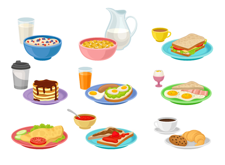 Illustrazione per Collection of food and drink icons. Tasty breakfast. Appetizing morning meal. Nutrition theme. Graphic elements for cafe menu. Colorful vector illustrations in flat style isolated on white background. - Immagini Royalty Free