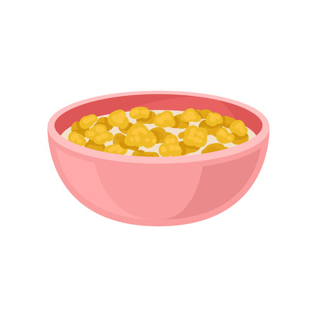 Tasty corn flakes with milk in pink bowl. Appetizing breakfast. Food theme. Graphic element for product packaging or poster. Colorful vector illustration in flat style isolated on white background.のイラスト素材