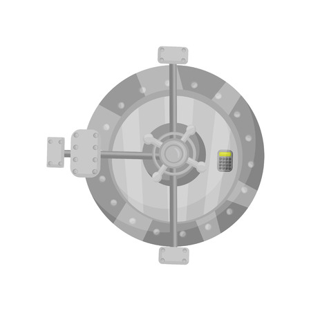 Metal round bank vault door with button keypad. Strong cabinet with electronic code lock used for storage of valuables. Cartoon vector design. Colorful flat illustration isolated on white background.のイラスト素材