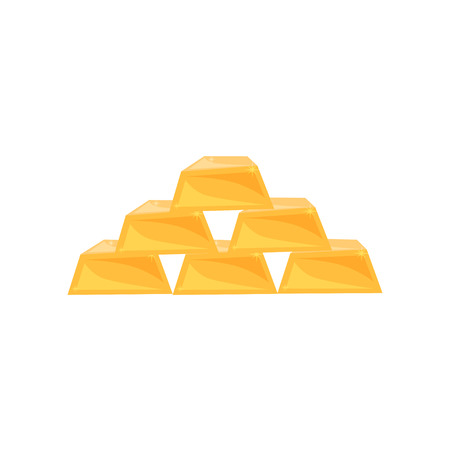 Pyramid from shiny gold bars. Six golden ingots. Financial symbol. Graphic element for mobile game or poster. Colorful illustration in flat style isolated on white background. Cartoon vector design.のイラスト素材