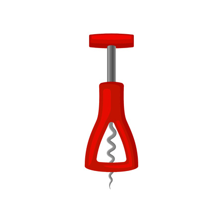 Bright red corkscrew with spiral metal rod. Modern device for pulling corks from bottles. Kitchen utensil. Cartoon vector design. Colorful illustration in flat style isolated on white background.のイラスト素材