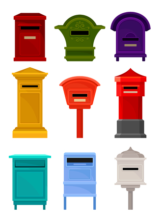 Set of different mailboxes. Colorful containers for letters and newspapers. Iron postal boxes for correspondence. Cartoon vector design. Illustrations in flat style isolated on white background.のイラスト素材