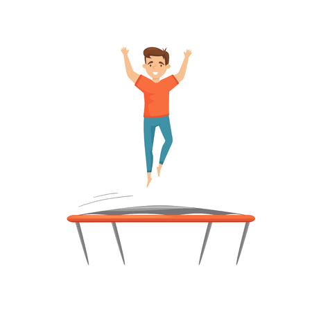 Cheerful teenage boy jumping on trampoline with hands up. Attraction of amusement center. Active leisure. Cartoon character. Colorful vector illustration in flat style isolated on white background.のイラスト素材