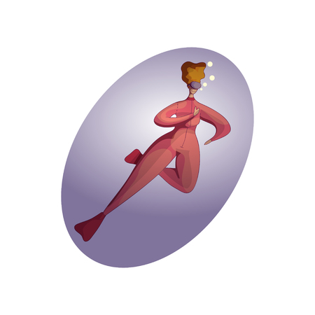 Funny plump woman swimming underwater. Active recreation at sea. Young red-haired girl in wetsuit and mask. Summer leisure. Snorkeling theme. Hand drawn vector design isolated on white background.のイラスト素材