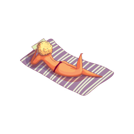 Blonde girl sunbathing, lying on striped towel and reading book. Young woman in red bikini. Relaxing at the beach. Summer vacation theme. Hand drawn vector illustration isolated on white background.のイラスト素材