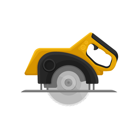 Professional circular saw with steel toothed disc. Modern power instrument for cutting wood or metal. Electric hand tool. Building equipment. Colorful flat vector design isolated on white background.のイラスト素材