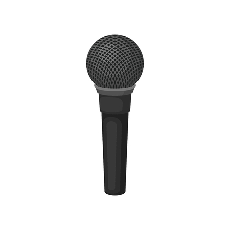 Gray musical microphone with chrome grid. Dynamic mic for karaoke. Sound recording equipment. Graphic element for poster or banner. Colorful vector icon in flat style isolated on white background.のイラスト素材