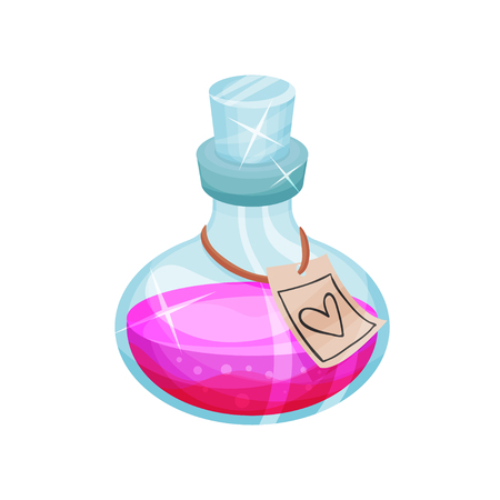 Small glass bottle with love potion, label with heart. Vial with magic elixir. Bright pink liquid. Colorful graphic element for children book. Flat vector illustration isolated on white background.のイラスト素材