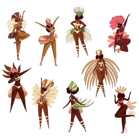 Set of Brazilian women in dancing action. Samba dancers. Latino girls in costumes with feathers. Brazil festival. Rio carnival. Cartoon characters. Hand drawn vector isolated on white background.のイラスト素材