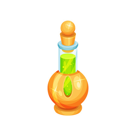 Icon of small glass bottle with green potion. Magic elixir. Toxic liquid. Element for mobile game or children book. Cartoon vector design. Colorful flat illustration isolated on white background.のイラスト素材