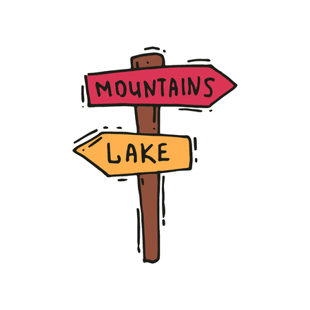 Hand drawn icon of wooden arrow sign post, mountains to the right, lake to the left. Outdoor adventure. Road signpost. Camping and hiking theme. Vector in doodle style isolated on white background.のイラスト素材