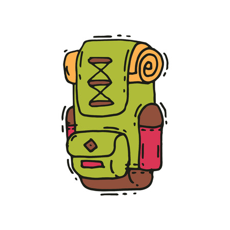 Hand drawn icon of big green backpack with rolled tourist mat. Hiking bag for adventurer. Traveler equipment. Camping theme. Colorful vector illustration in doodle style isolated on white background.のイラスト素材