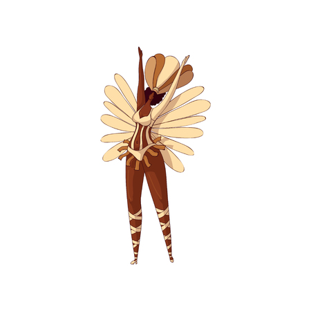 Vector design of attractive Brazilian woman in dancing action. Latino woman in bikini and headdress with feathersのイラスト素材