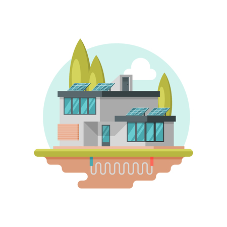 Modern eco-friendly house with solar panels on roof. Contemporary residential building. Geothermal power. Alternative energy. Colorful vector illustration in flat style isolated on white background.のイラスト素材