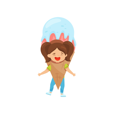 Laughing little girl with ponytails in ice-cream costume. Outfit for carnival or Halloween. Funny kid. Child with happy face expression. Colorful flat vector illustration isolated on white background.のイラスト素材
