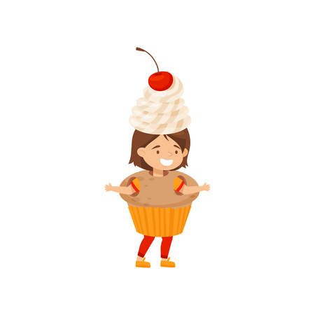 Funny little girl dressed as cupcake with whipped cream and cherry. Cute costume. Sweet snack. Kid with happy face expression. Cartoon character. Flat vector illustration isolated on white background.のイラスト素材