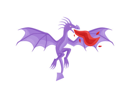 Purple dragon in flying action with wide open wings breathing fire. Mythical creature. Fantastic monster. Flat vectorのイラスト素材