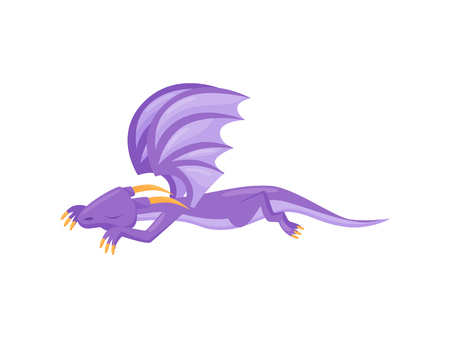Cute purple dragon sleeping on the ground. Mythical monster with horns, big wings and long tail. Flat vector designのイラスト素材